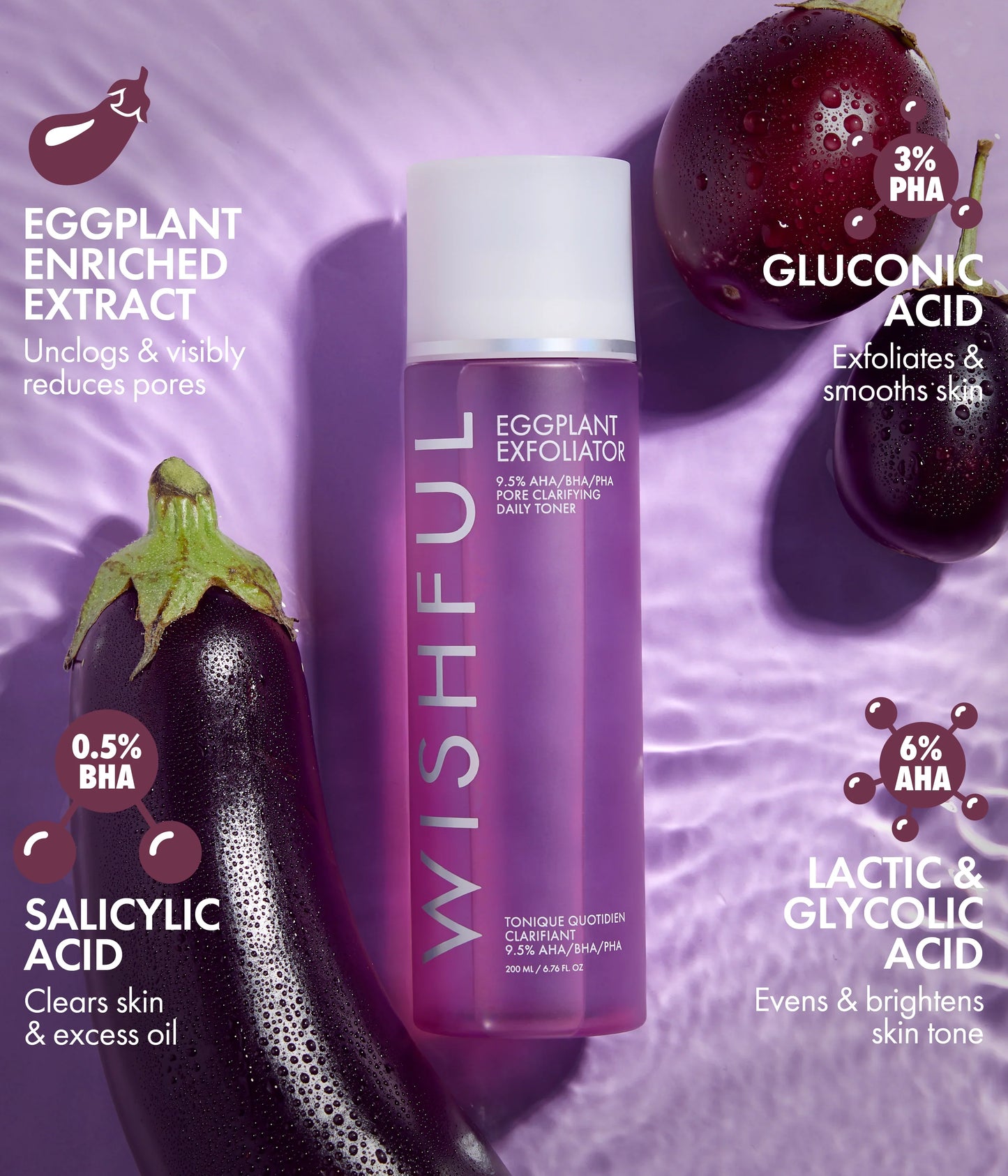 WISHFUL Eggplant Exfoliator: 9.5% AHA, BHA & PHA Pore Clarifying Daily Toner